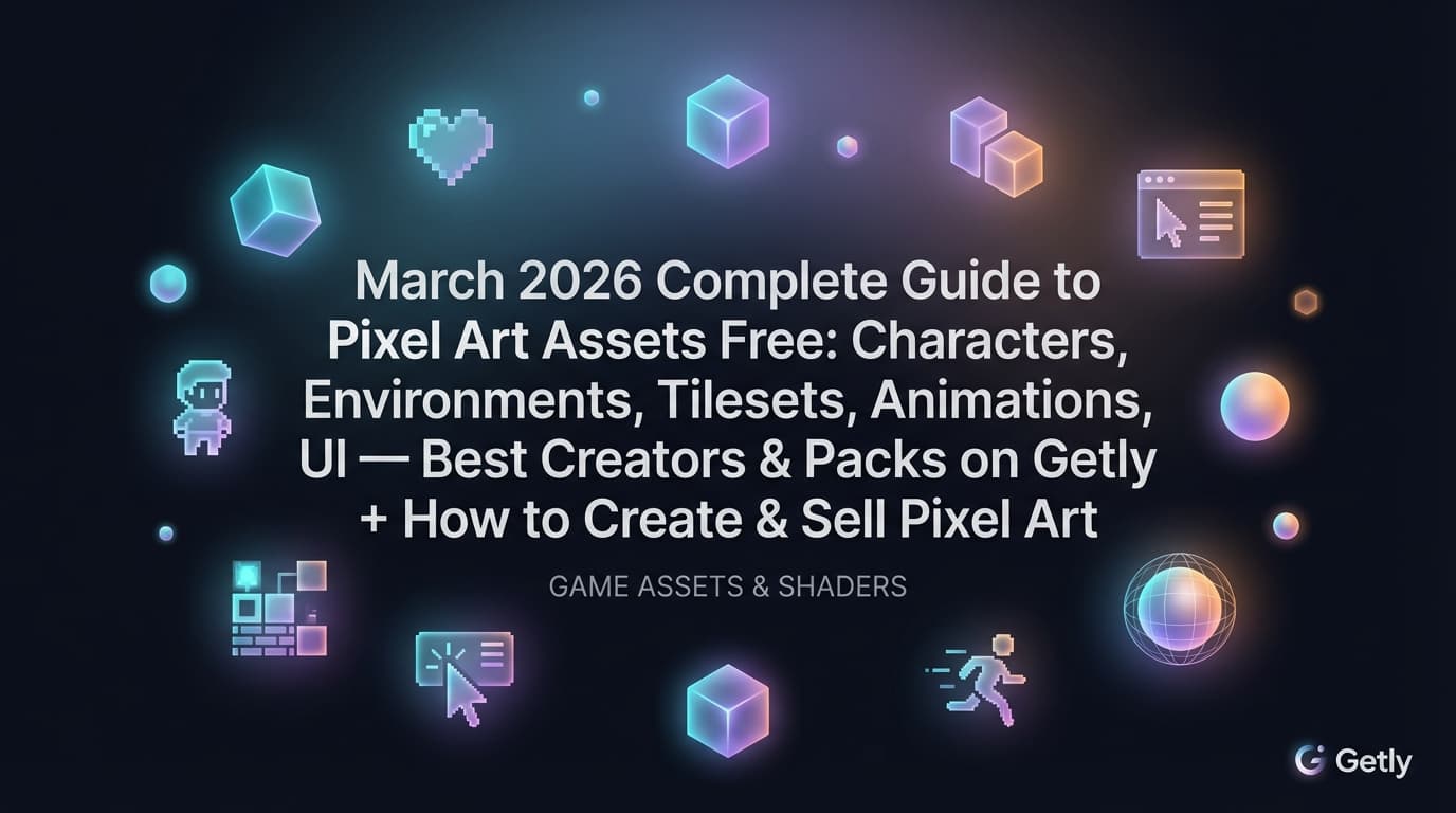 Kompletter Guide März 2026 zu kostenlosen Pixel-Art-Assets: Charaktere, Umgebungen, Tilesets, Animationen, UI — beste Creators & Packs auf Getly + so erstellst und verkaufst Du Pixel Art