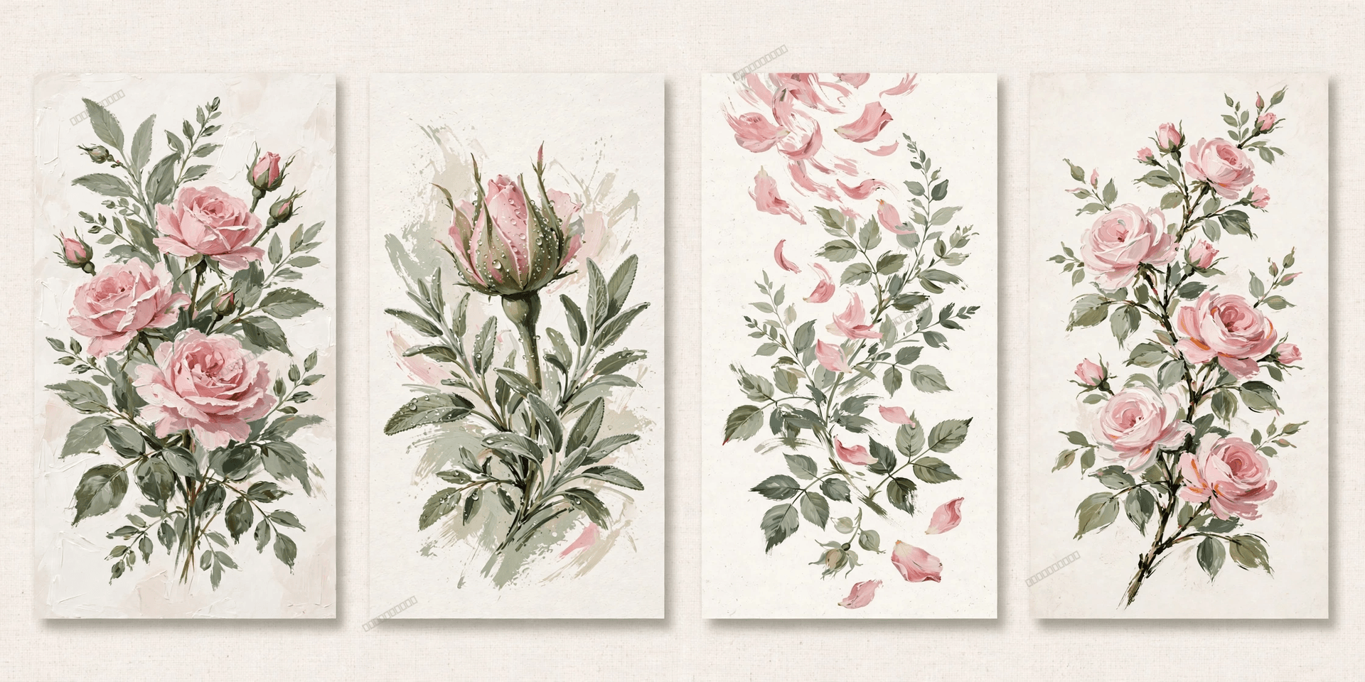 Set of four botanical wall art prints featuring pink spring roses with green leaves on light textured backgrounds