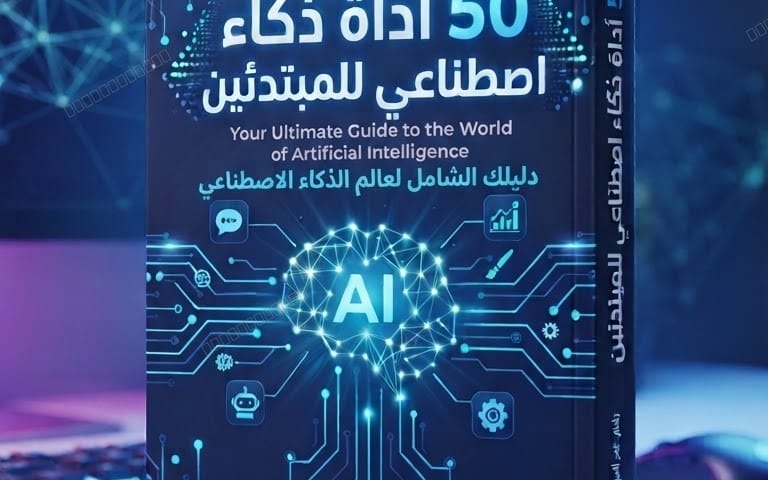 غلاف كتاب رقمي بعنوان 50 أداة ذكاء اصطناعي للمبتدئين بخلفية دوائر إلكترونية وشعار AI