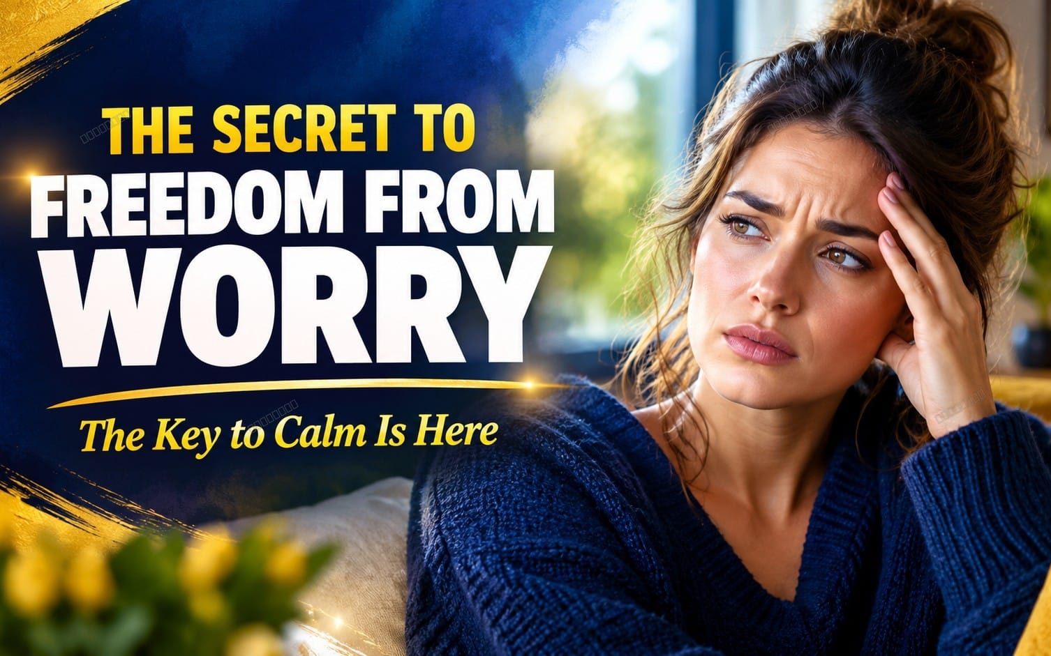Calm self-help digital cover featuring a worried woman and bold text The Secret to Freedom from Worry