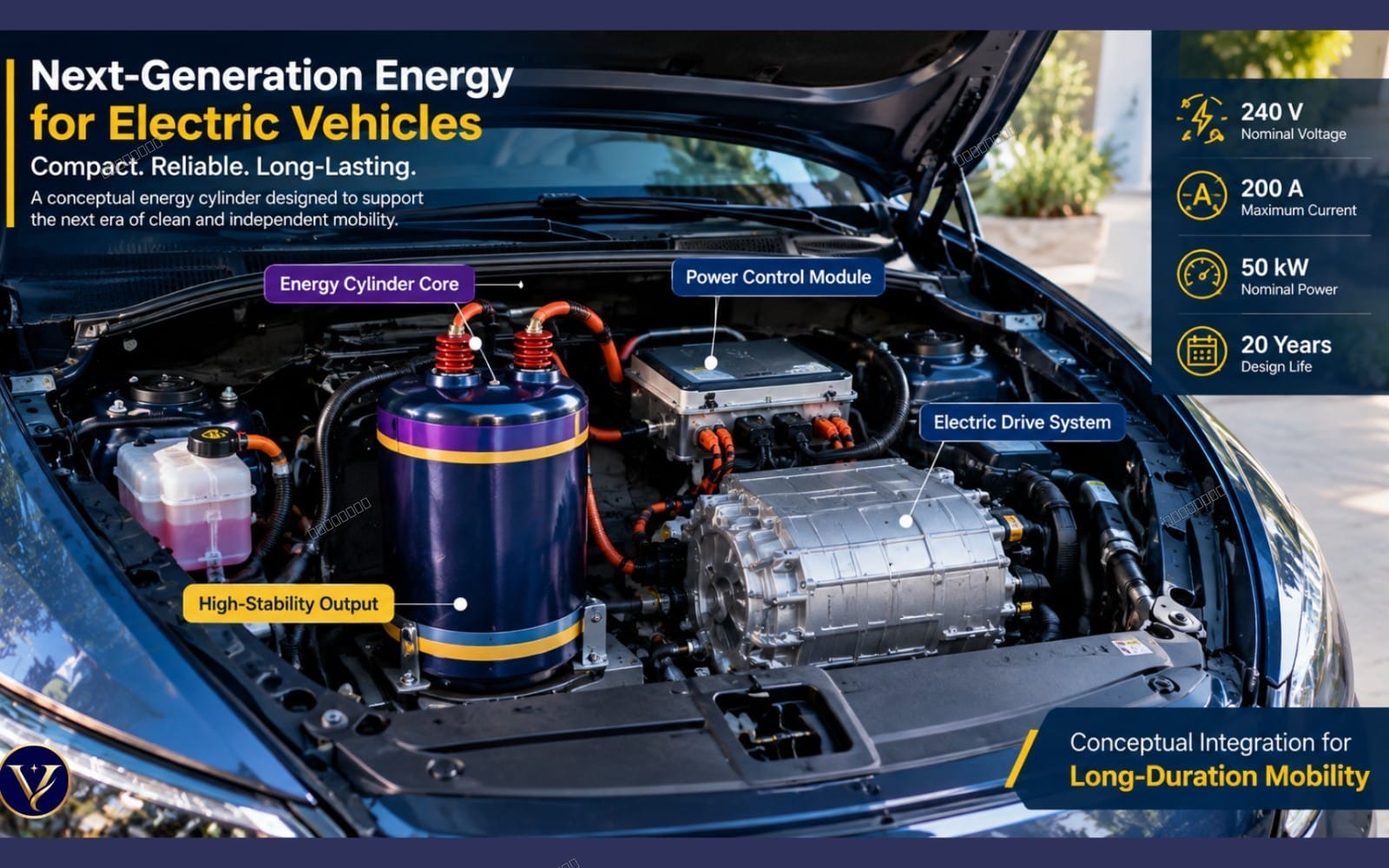 Conceptual energy cylinder design for electric vehicles shown in an engine bay with labeled components and specs