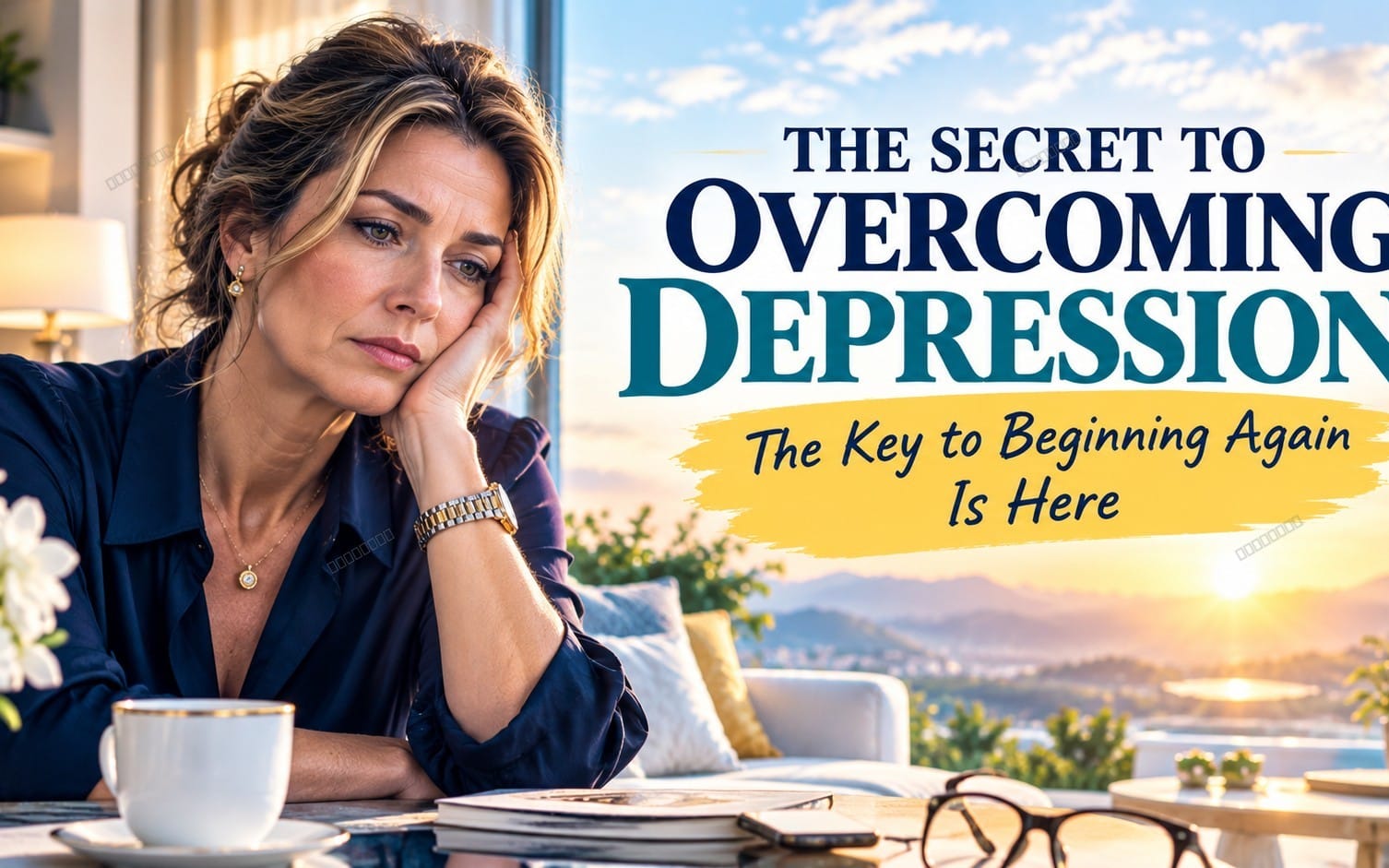 Depression self-help book cover with a woman resting her head at a table near a sunset landscape backdrop