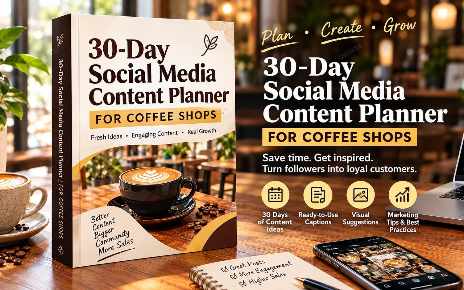 30-Day social media content planner for coffee shops book cover on a café table with coffee cup and phone