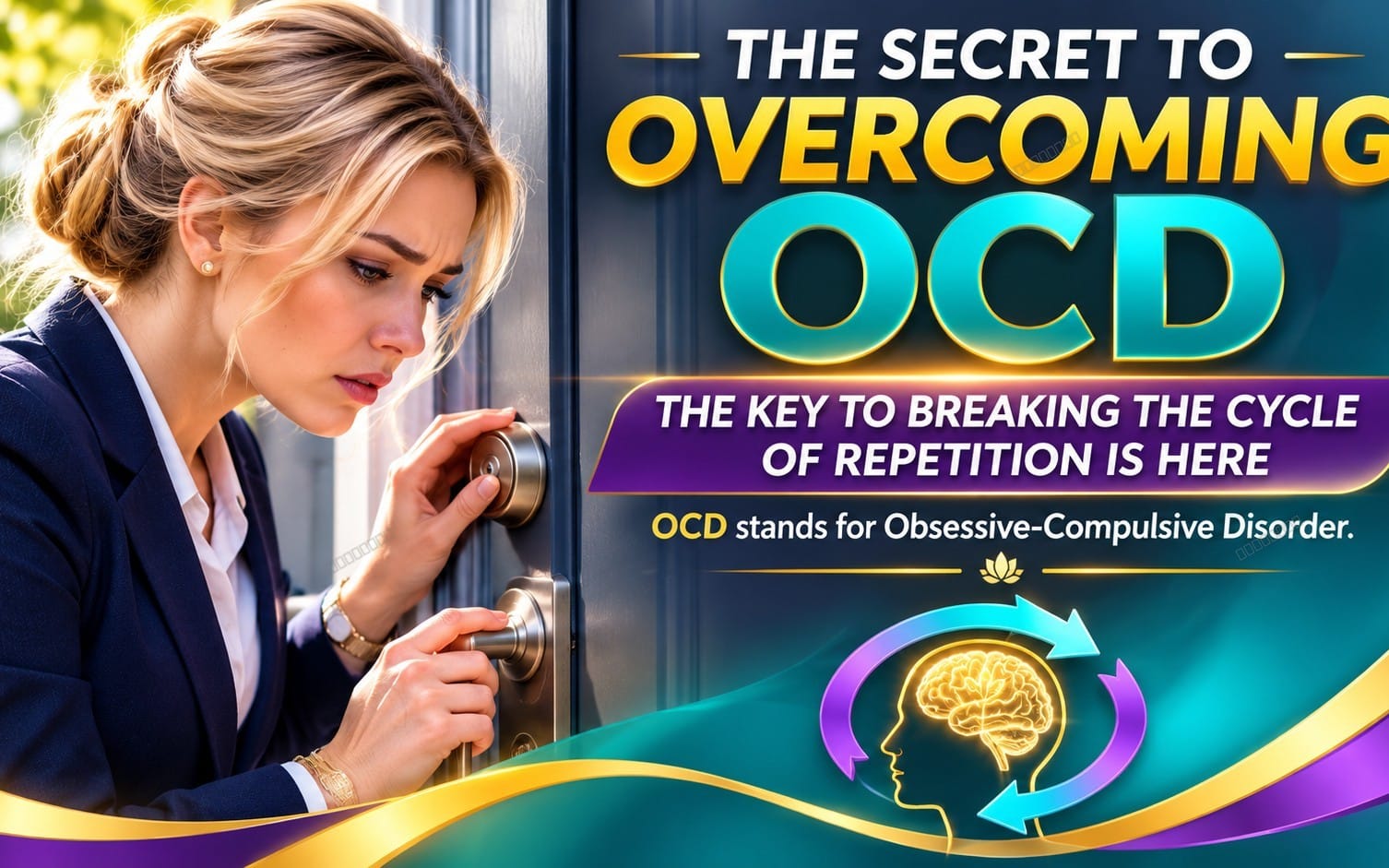Book cover titled The Secret to Overcoming OCD with a woman holding a door handle and brain cycle graphic