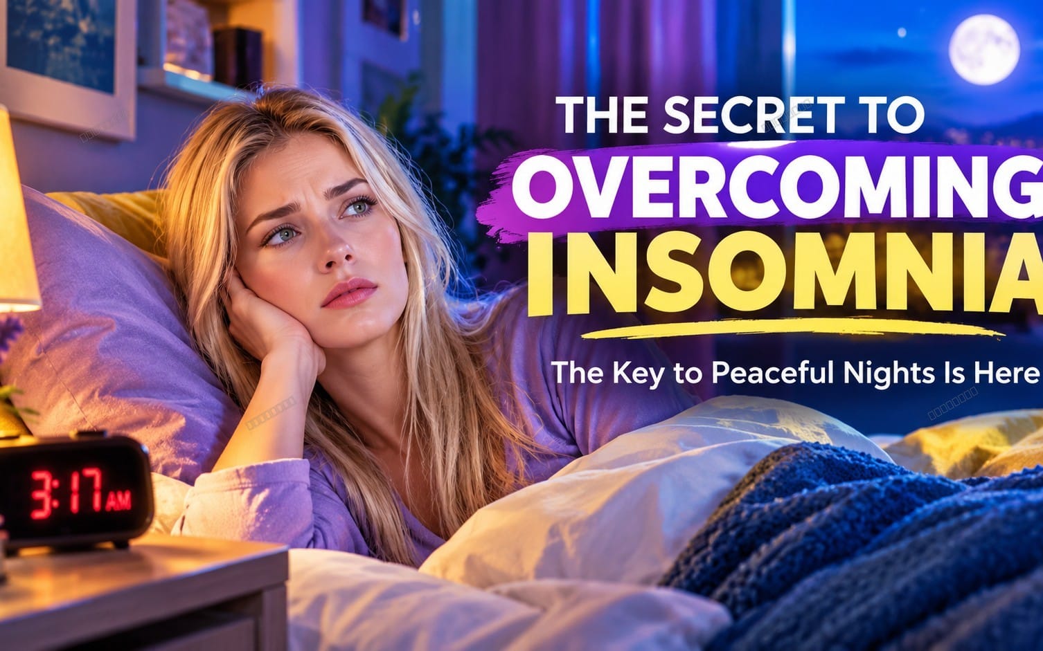 Woman lying in bed at night with alarm clock and insomnia guide cover text The Secret to Overcoming Insomnia