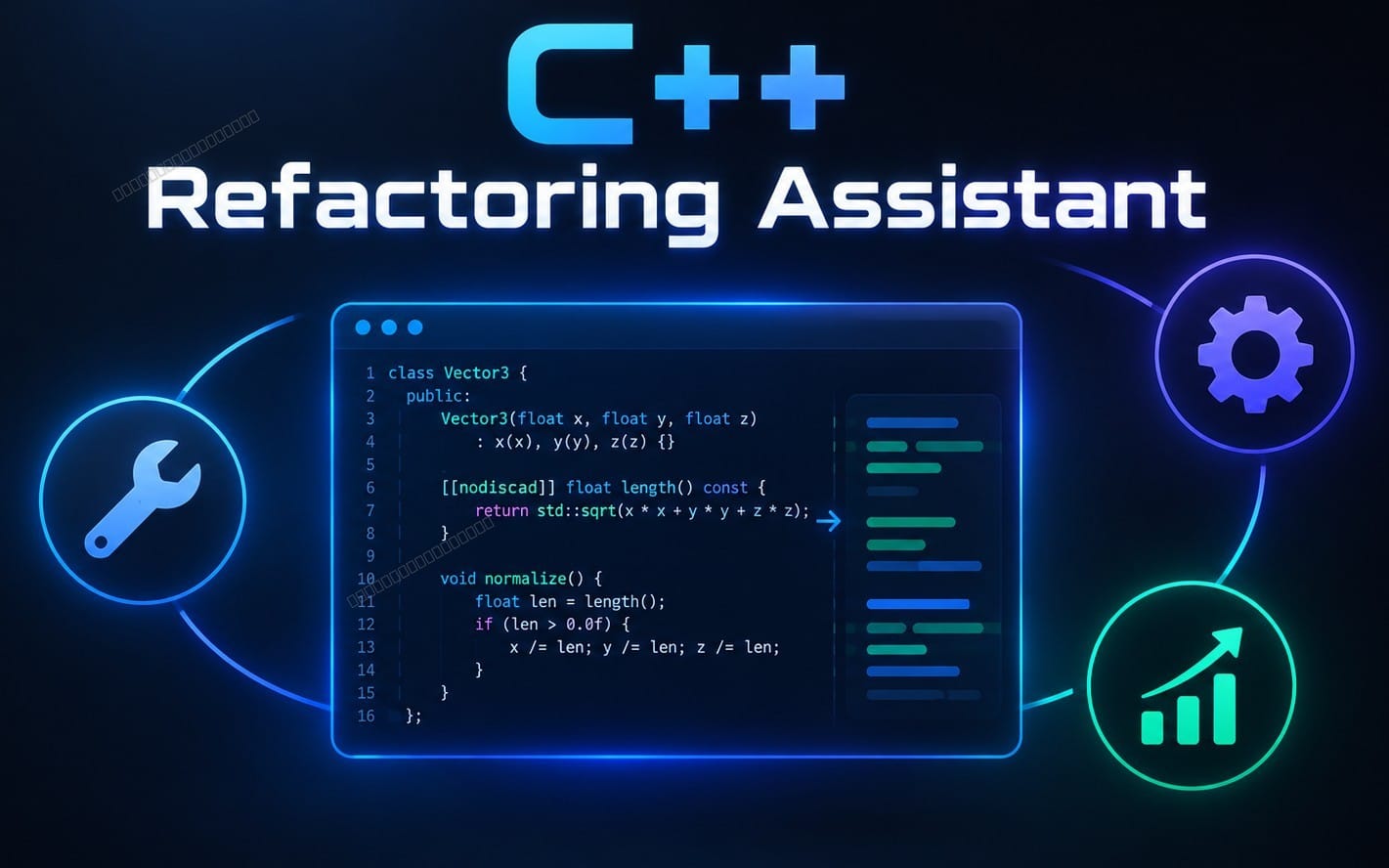 Neon C++ refactoring assistant graphic with code editor, gear and charts for a prompt pack product