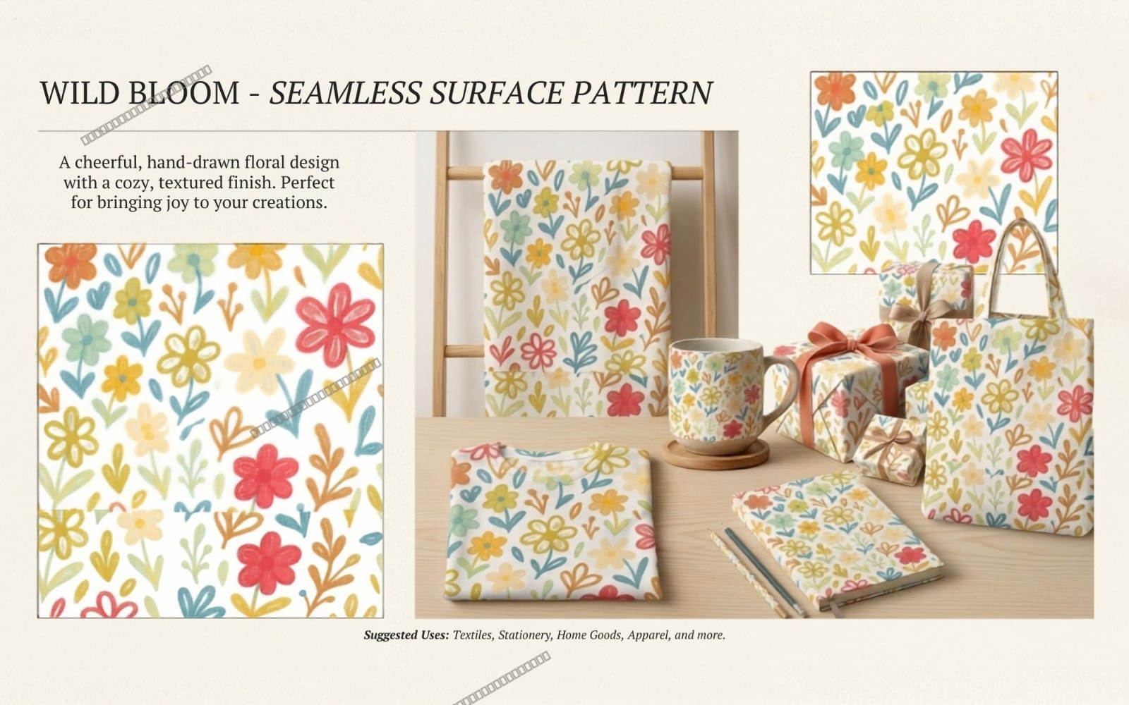 Seamless hand-drawn floral pattern with colorful cute flowers and leaves on a light background design template