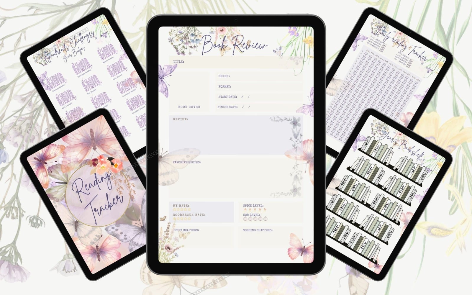 Set of floral book journal reading tracker pages displayed on tablets with undated book review layout