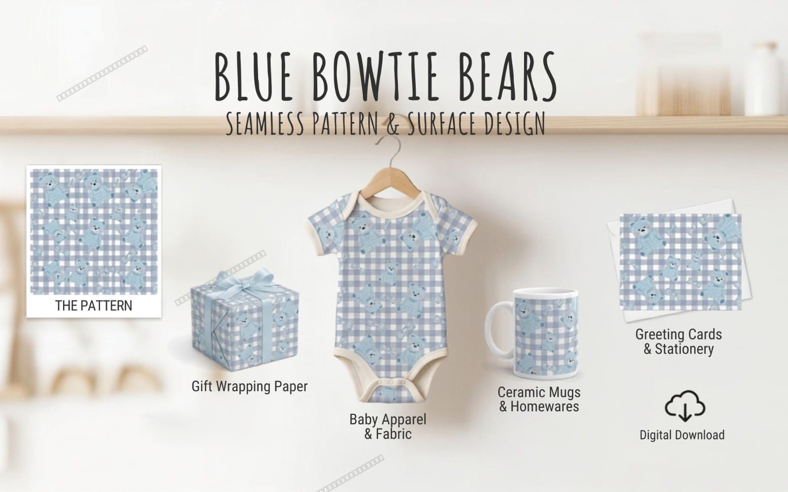 Blue bowtie bear seamless pattern design on gingham nursery paper preview with baby apparel and gift wrap mockups