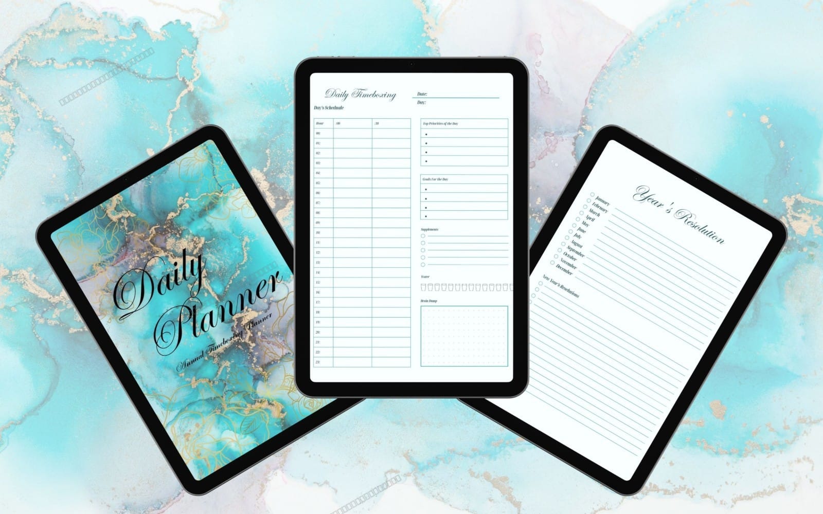 Minimalist A4 undated timeboxing planner PDF shown on three tablets over a blue world map background