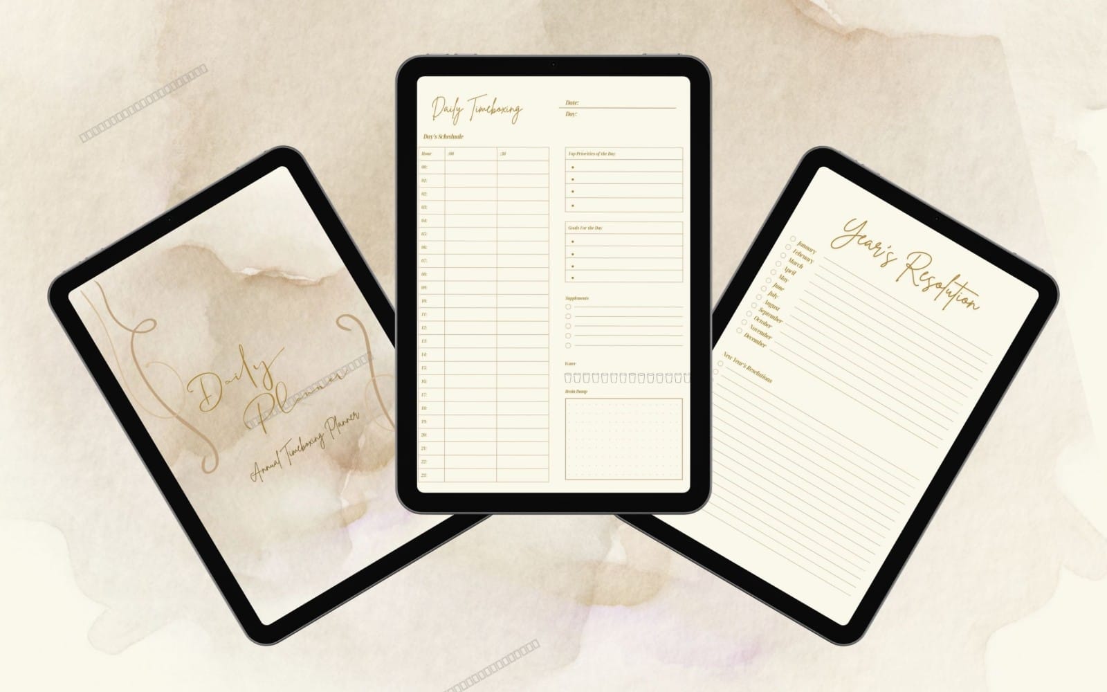 Minimalist undated timeboxing planner PDF shown on three tablets, with A4 schedule and B6 reflection pages