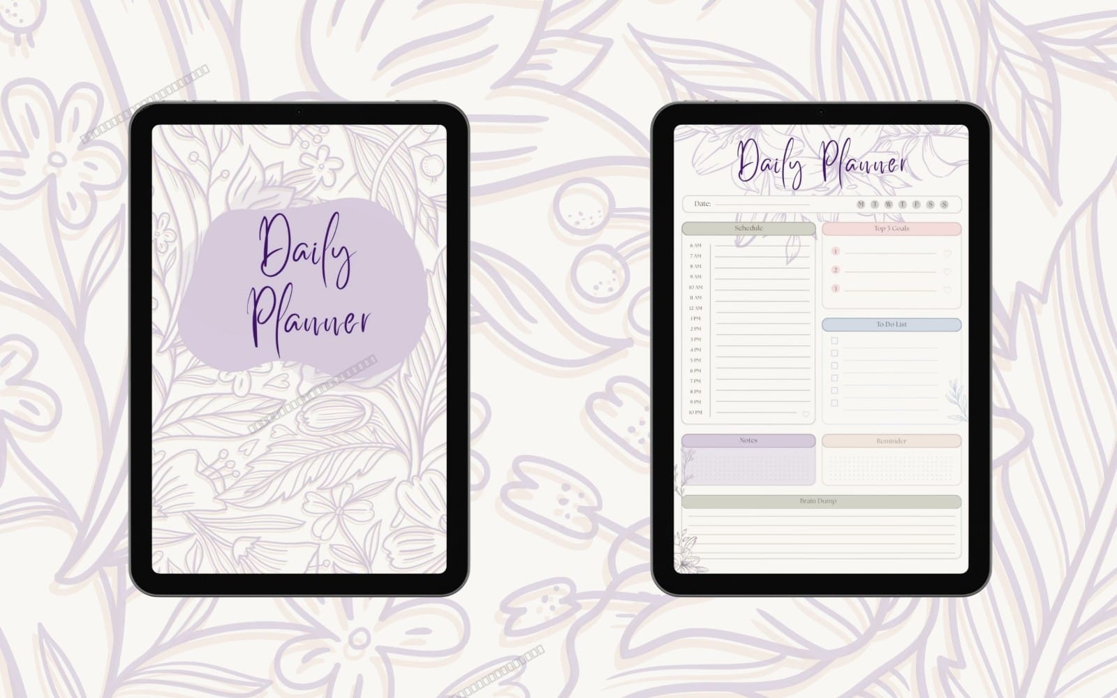 Minimalist undated daily planner PDF shown on two tablets with schedule and to-do layout on A4 printable pages