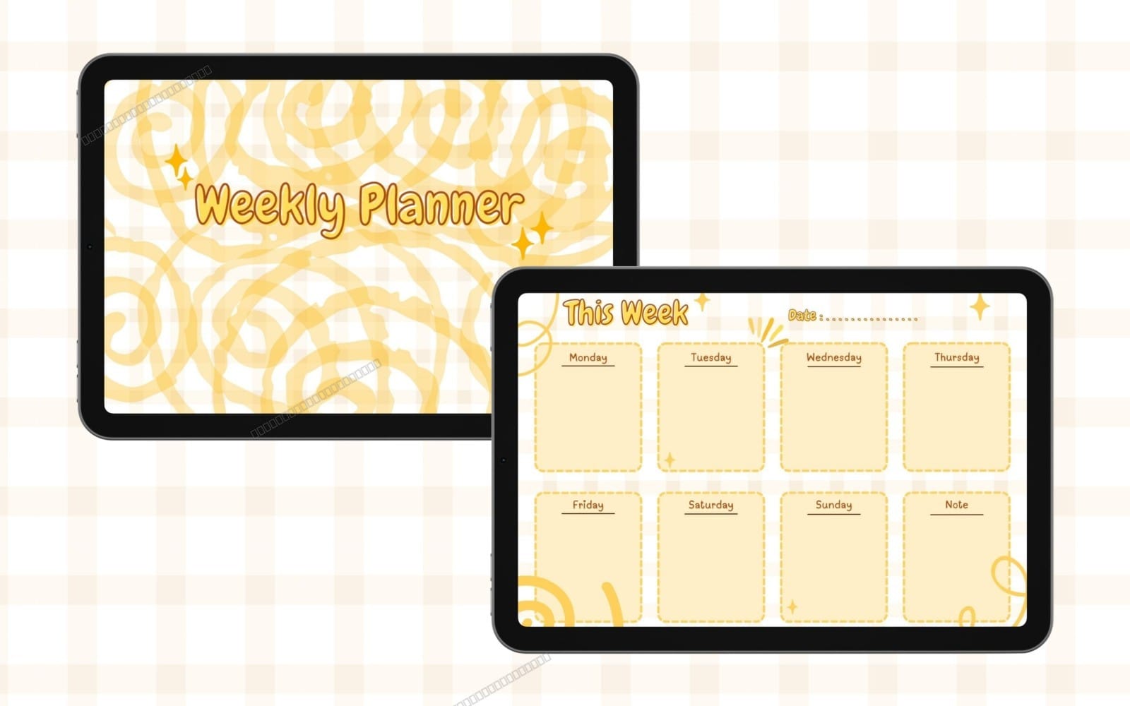 Undated printable weekly planner PDF on tablets with cute yellow pastel design and blank daily boxes for notes