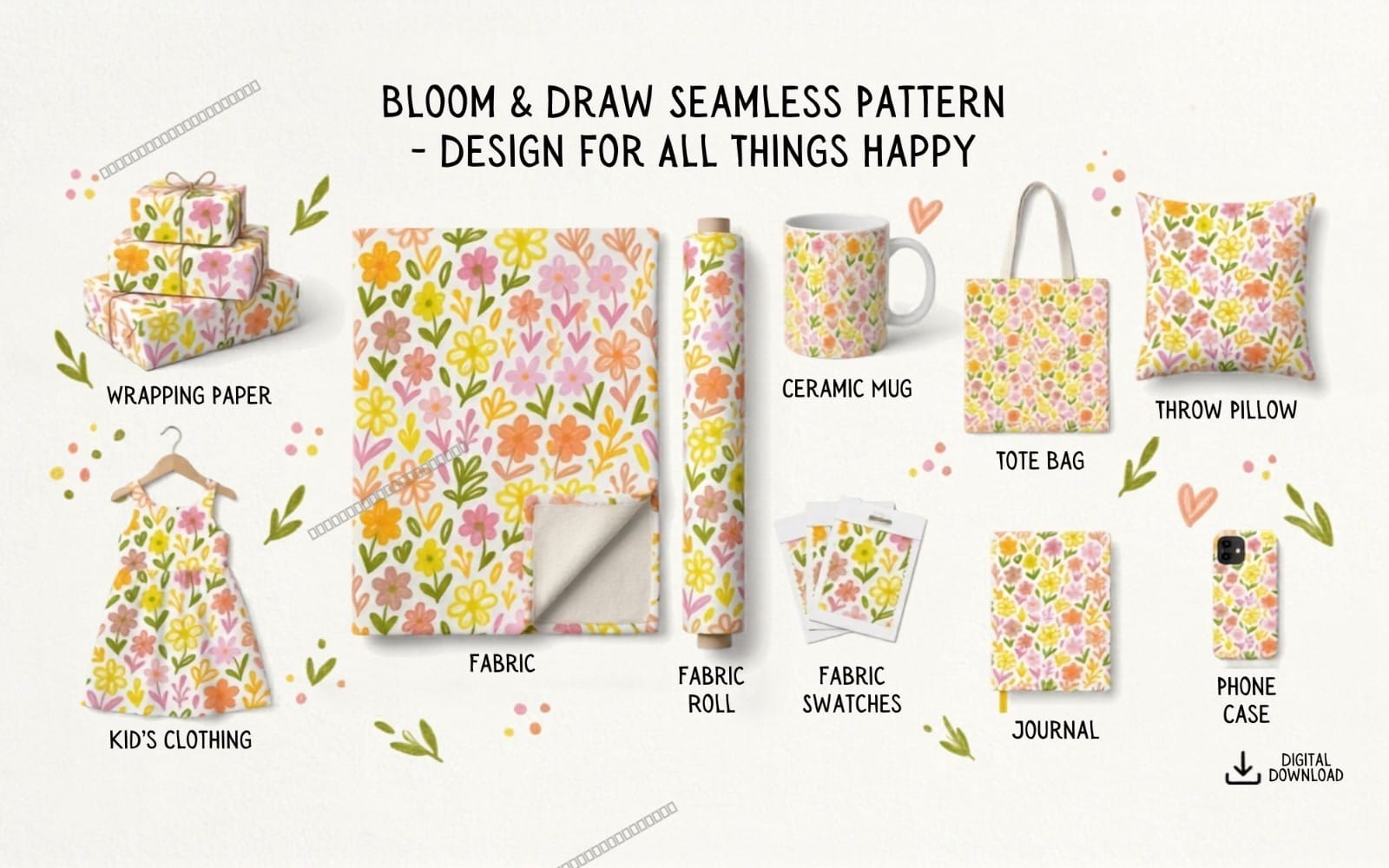 Hand-drawn floral seamless pattern design with wrapping paper, fabric, mug, tote bag, pillow, journal, and phone case
