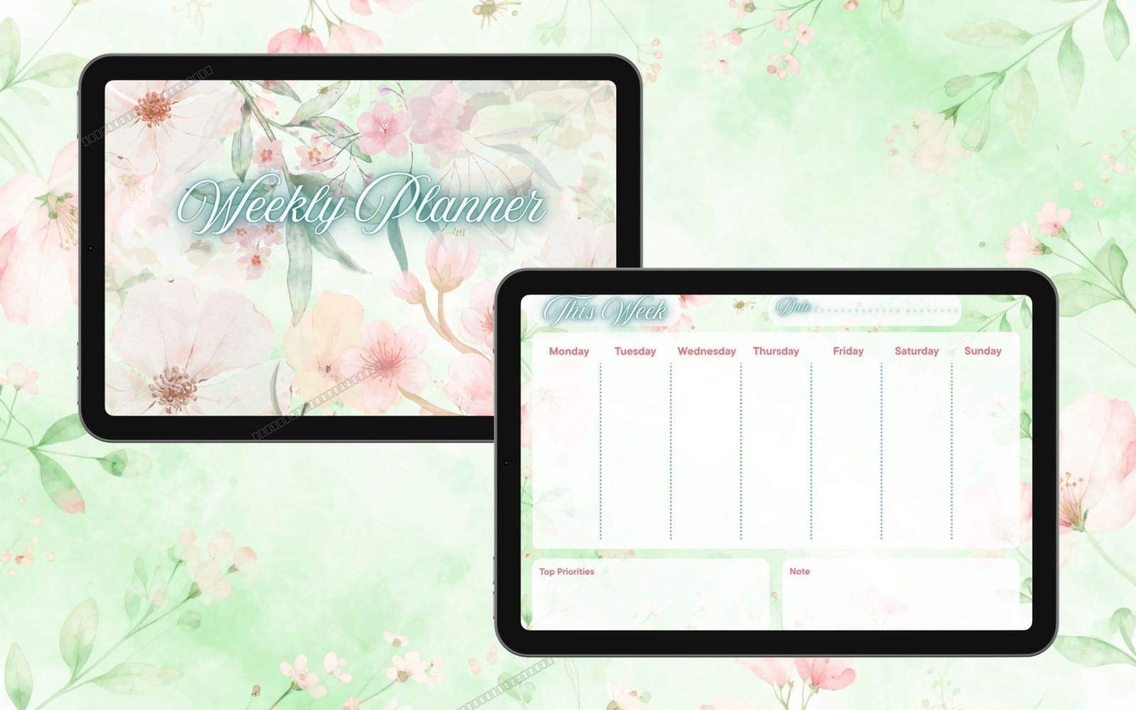 Undated weekly planner template with floral watercolor design shown on two tablet screens and daily priority notes