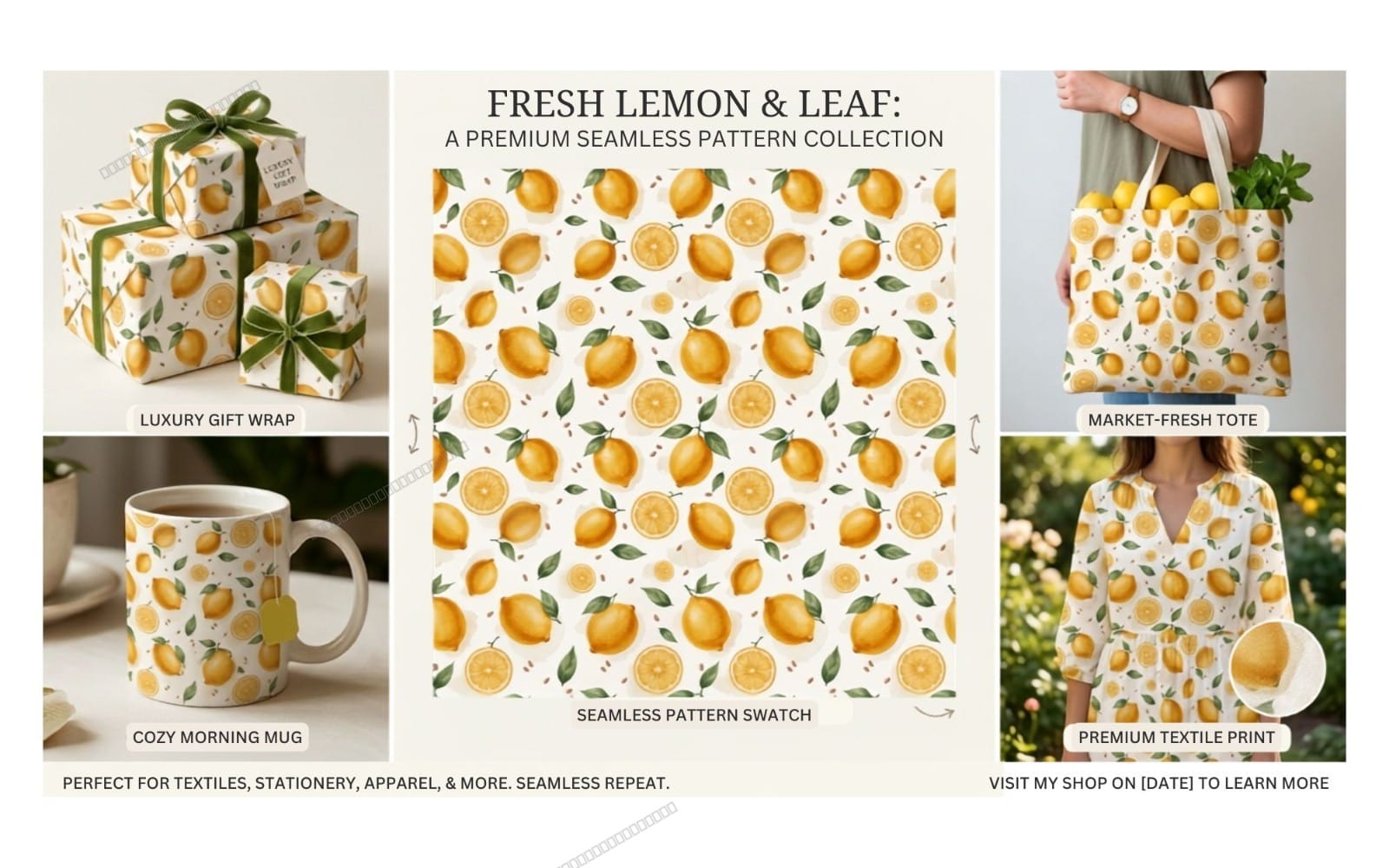 Watercolor seamless pattern design with lemons, lemon slices, and green leaves for textile and stationery prints