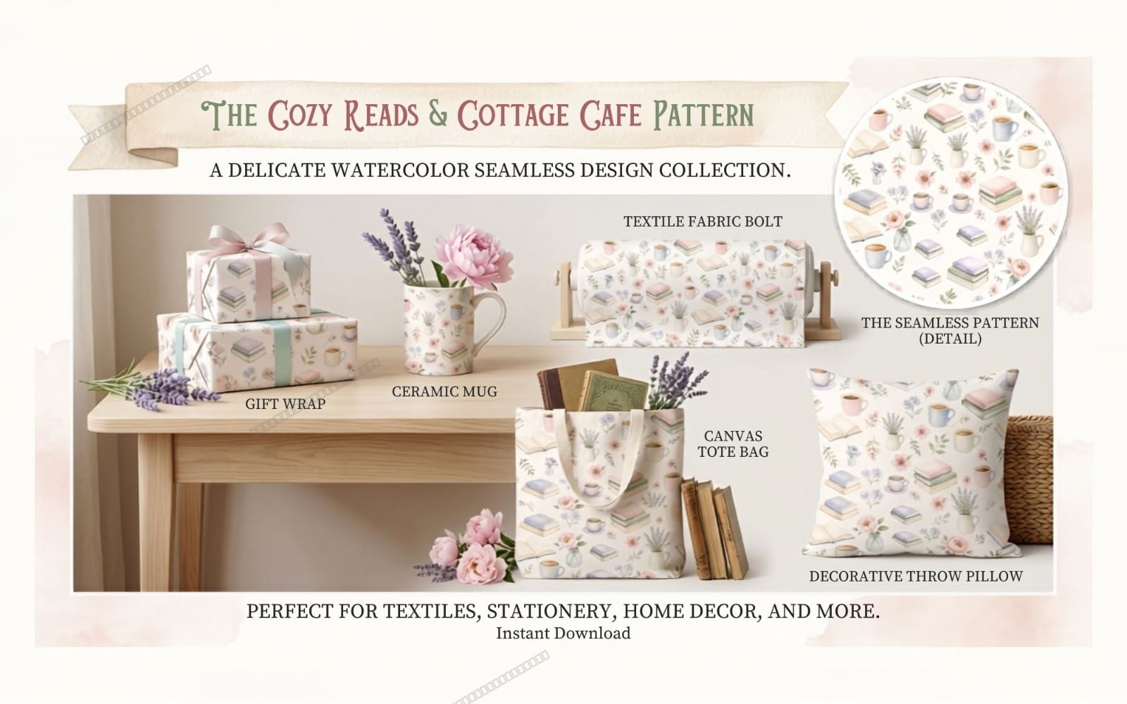 Seamless watercolor pattern for cozy cottage cafe theme with lavender flowers books mugs and decorative items on