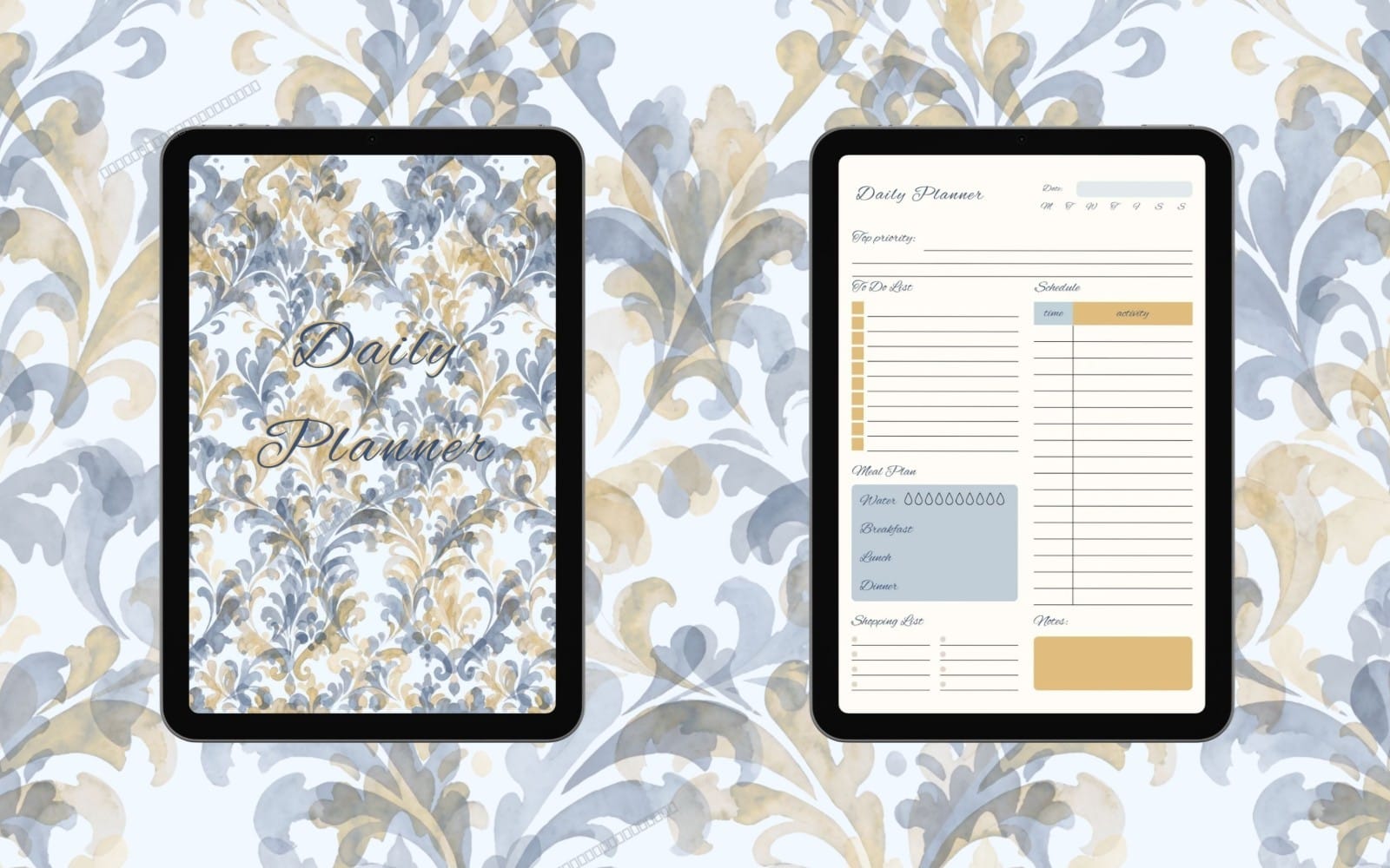 Minimalist undated daily planner printable PDF shown on two tablets with floral backgrounds and schedule sections in A4