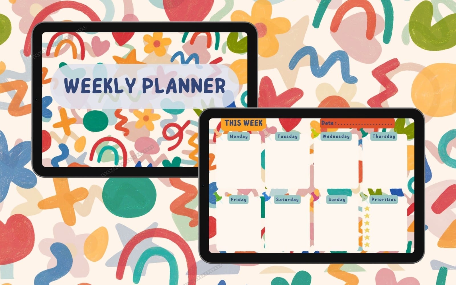 Colorful undated weekly planner printable PDF template with priorities shown on two tablets over a playful doodle