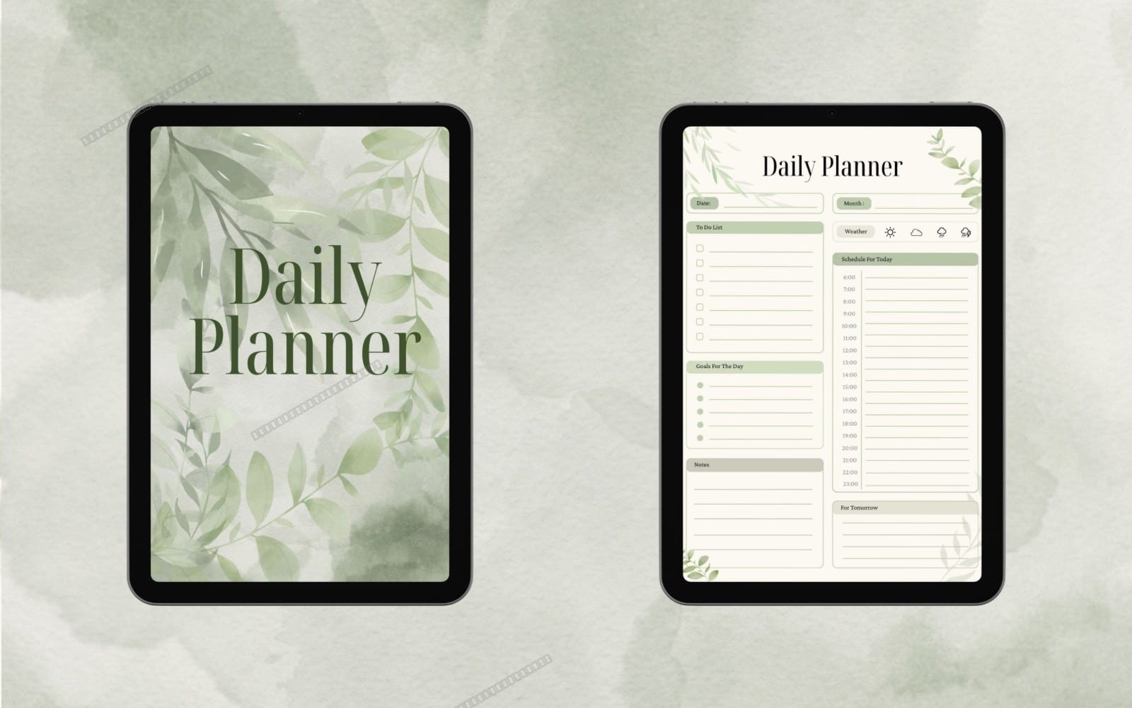 Minimalist undated daily planner PDF preview with leaf-themed layout, A4 agenda pages on tablet screens