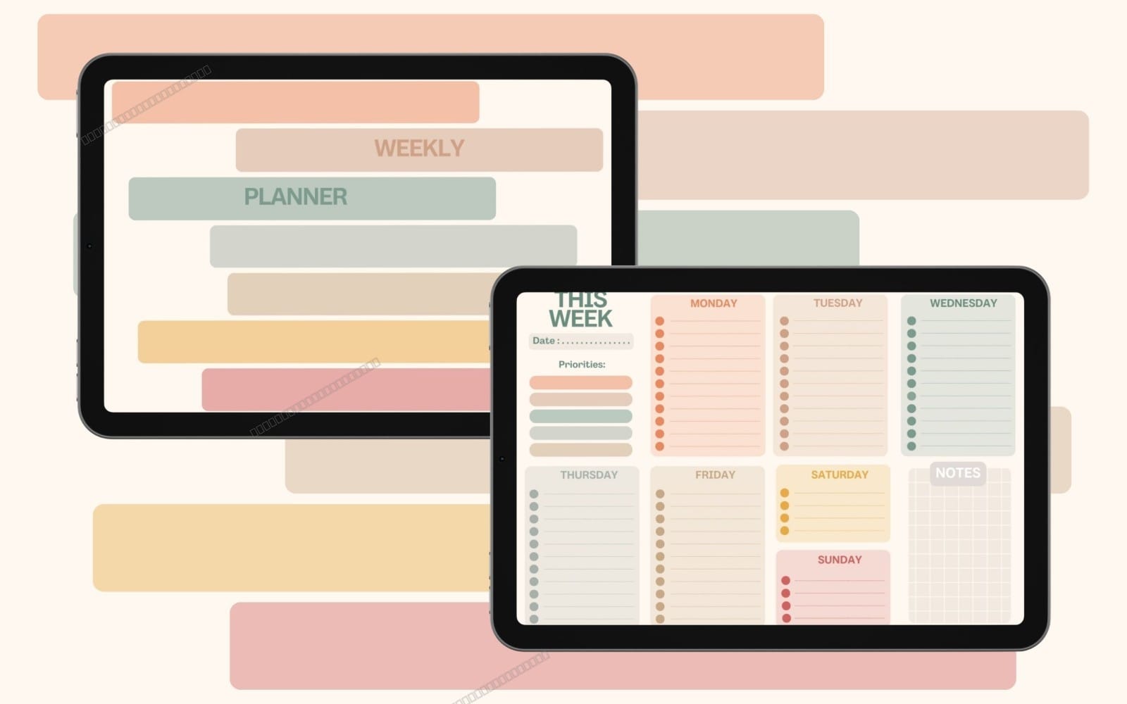 Digital undated weekly planner template on tablets with five-day priority and notes layout