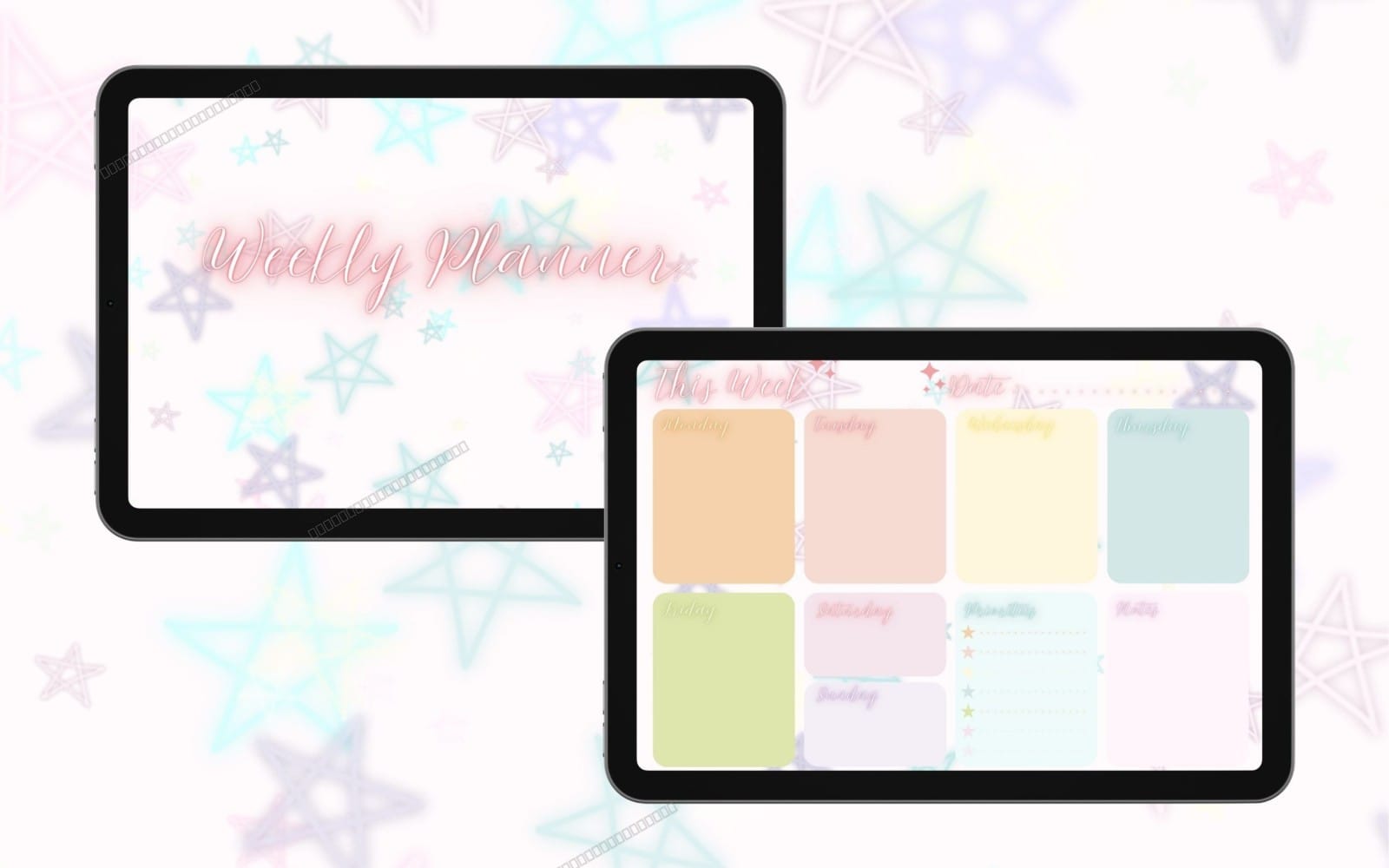 Pastel star weekly planner printable PDF shown on tablet screens with undated daily agenda priorities and notes layout