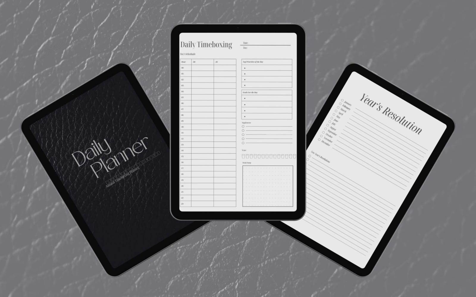 Minimalist undated A4 timeboxing planner PDF shown on three tablets, with daily schedule and yearly resolution pages