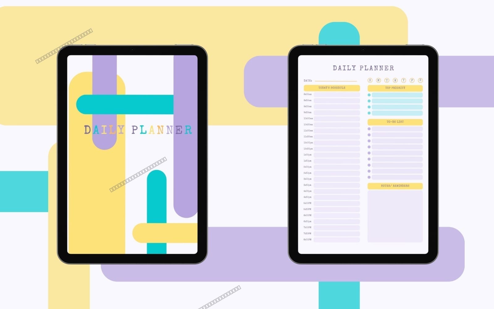Minimalist undated daily planner printable shown on tablet screens with schedule timeline and to-do sections PDF A4
