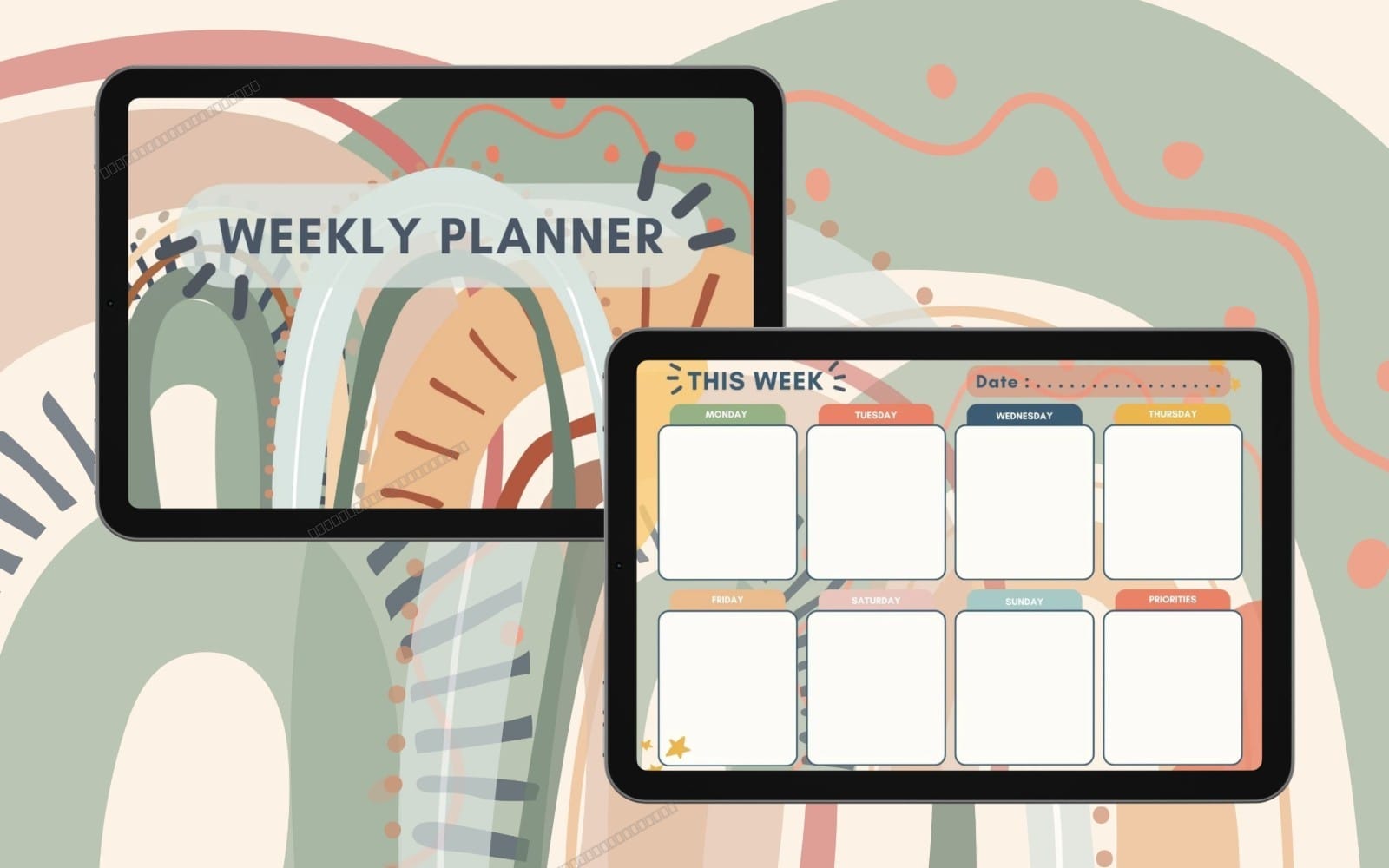 Undated pastel weekly planner PDF preview on two tablets with daily boxes and priorities section