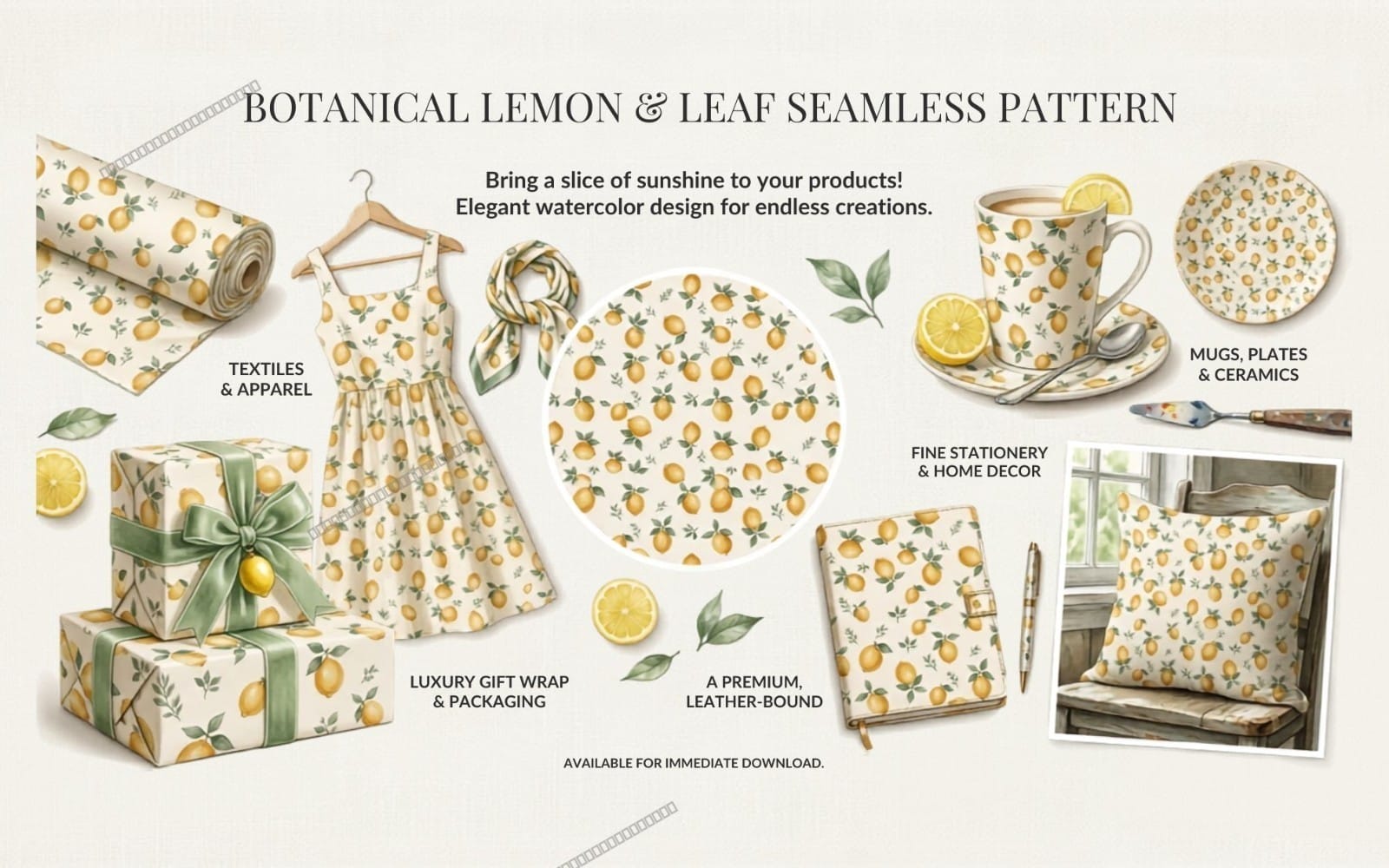Seamless watercolor botanical pattern with lemons and green leaves shown on textiles, ceramics, and stationery mockups
