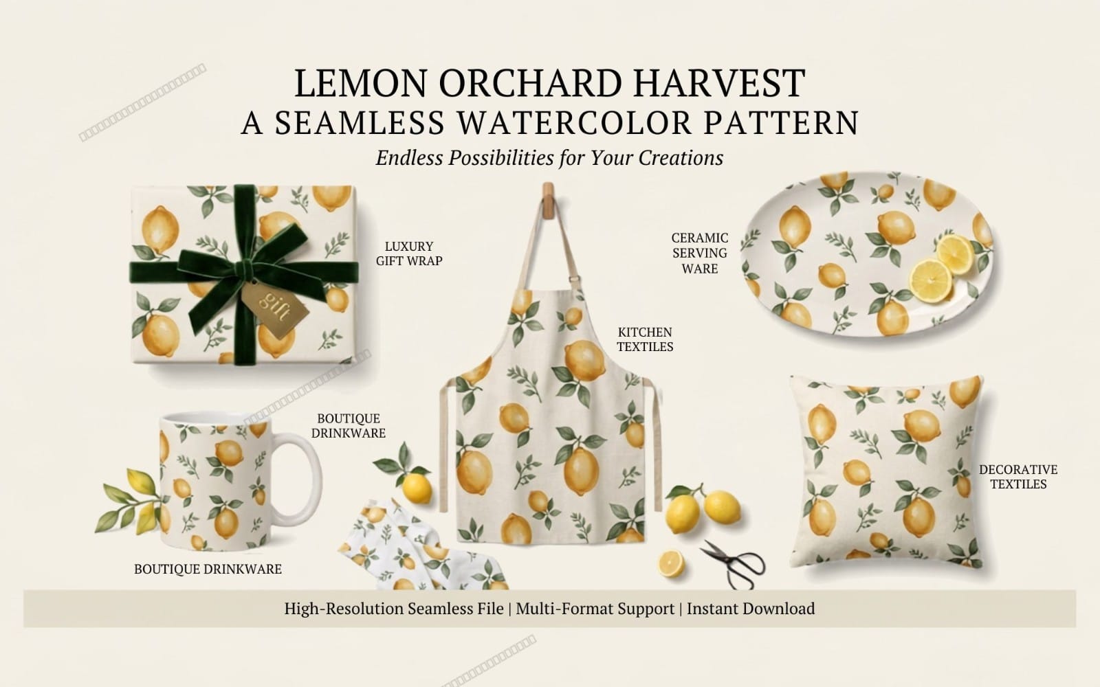 Seamless watercolor pattern featuring scattered lemons, citrus slices, and green leaves on a light background