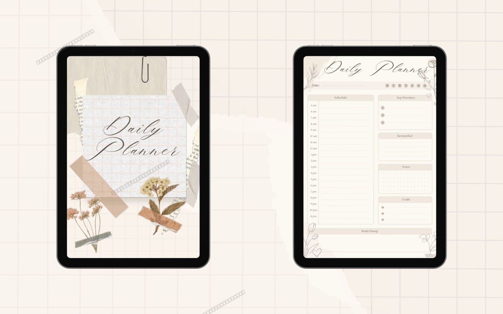 Minimalist undated daily planner printable PDF shown on two tablets, with schedule, priorities, notes and goals sections