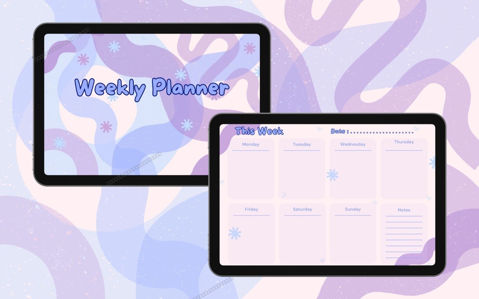 Pastel weekly planner printable PDF shown on two tablets with days of the week layout and notes section