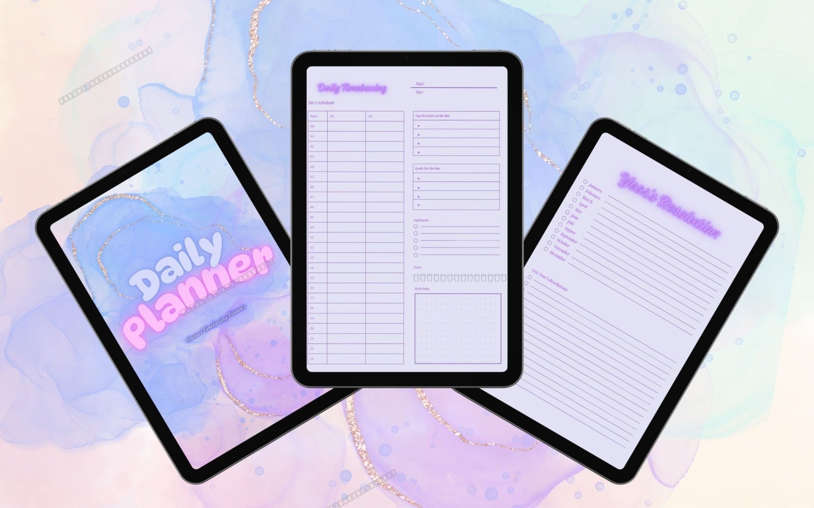A4 undated daily timeboxing planner PDF shown on three tablets with minimalist purple schedule layout