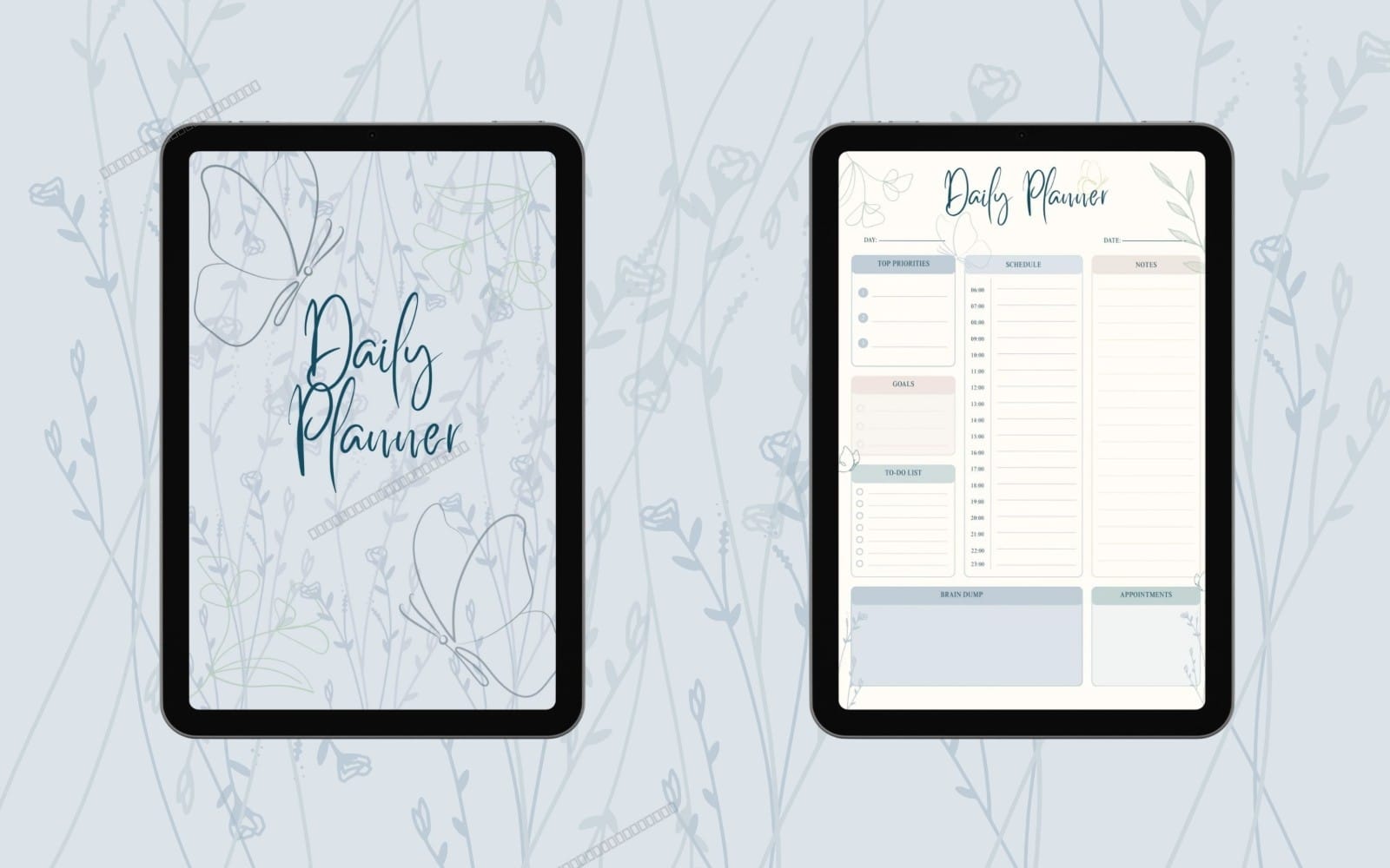 Minimalist undated daily planner PDF on A4 with hourly schedule layout shown on two tablet screens