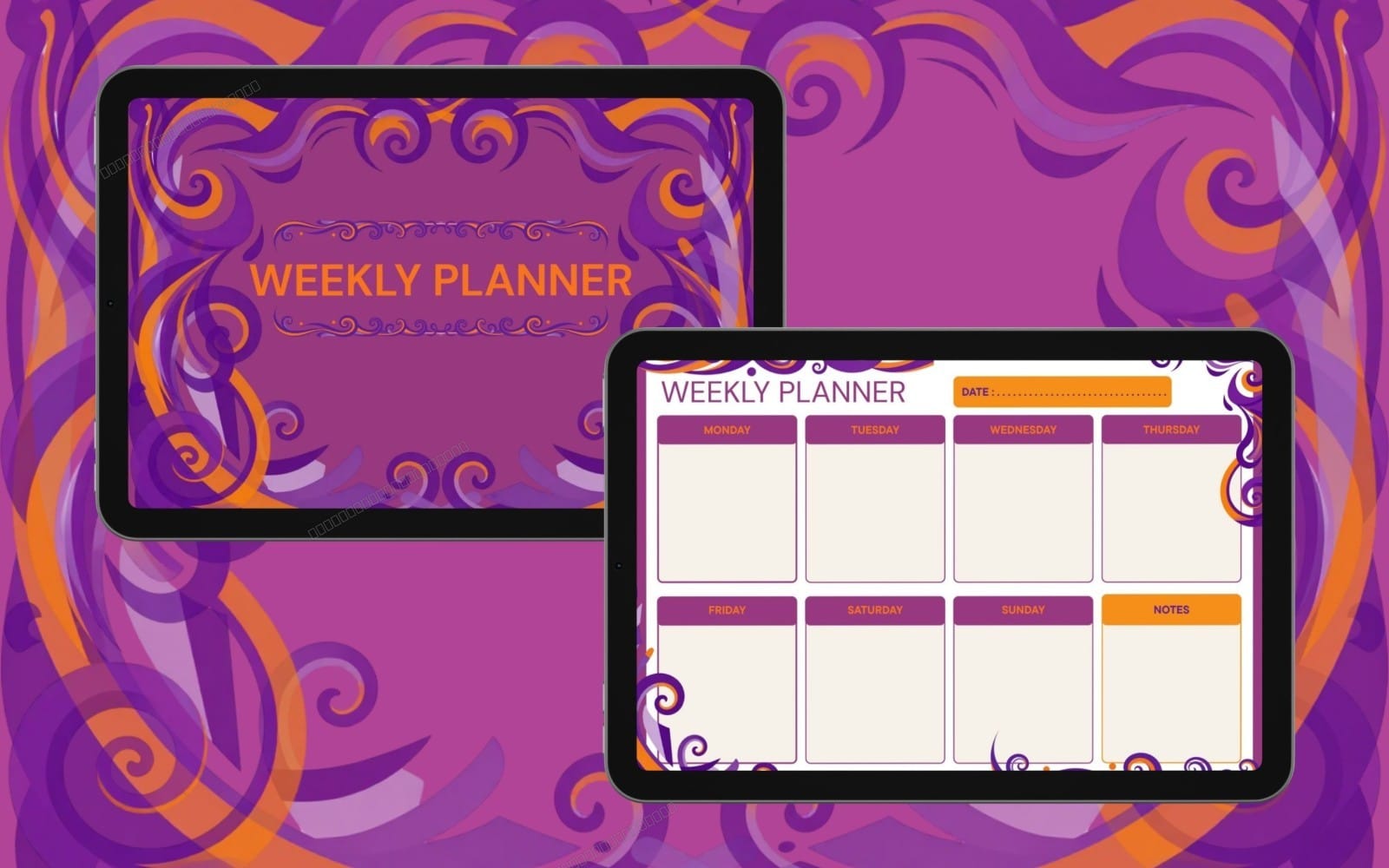 Digital weekly planner template on tablets with Monday-Sunday boxes and notes section on purple swirly background