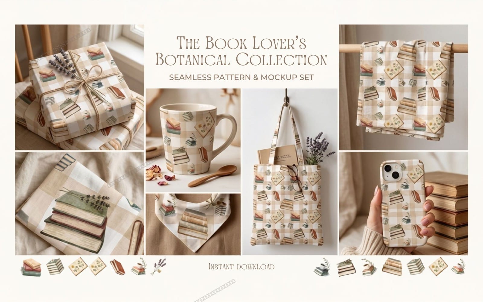 Vintage seamless pattern digital paper featuring stacked books and botanical accents in cozy reader theme mockups
