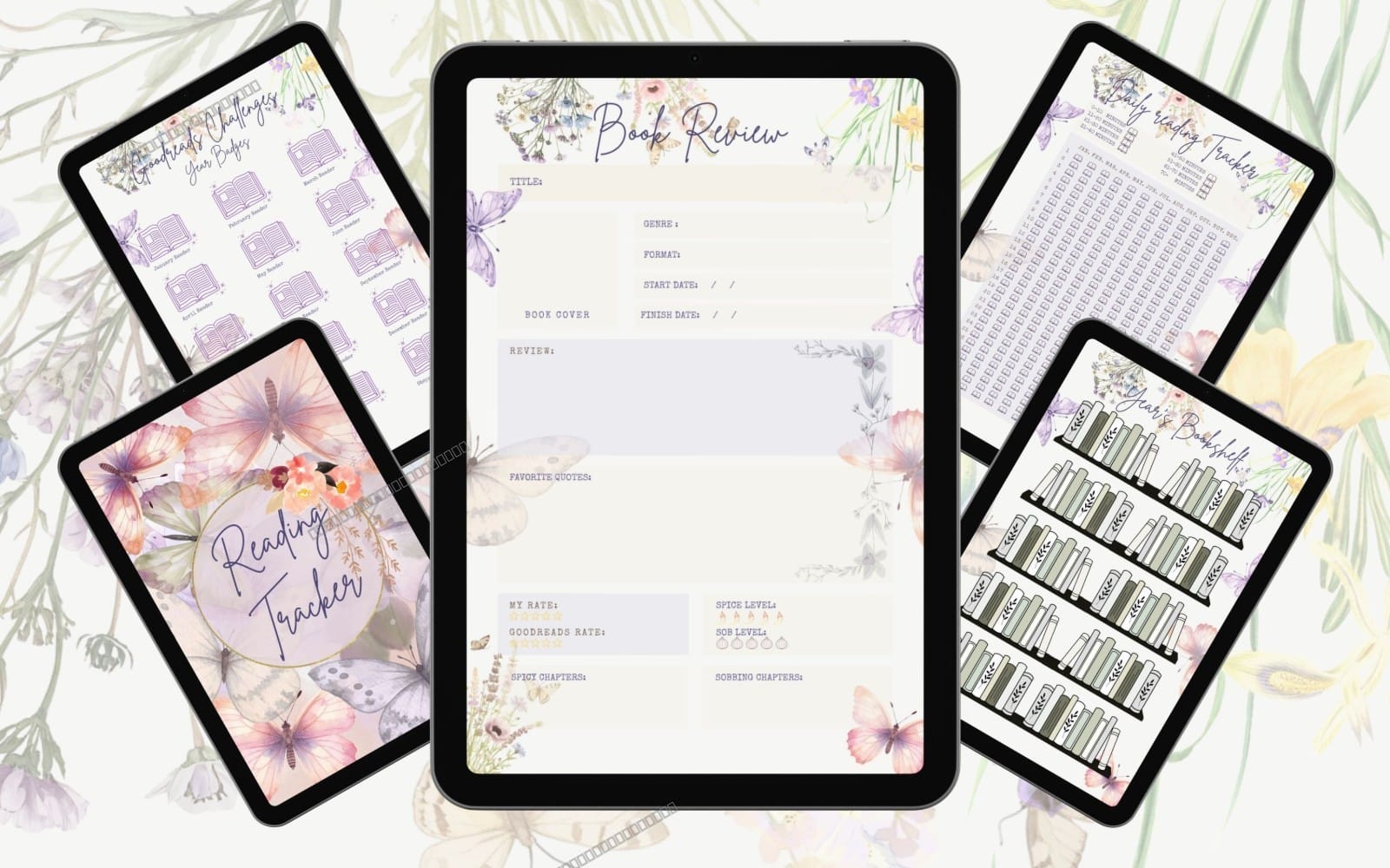 Set of floral book journal reading tracker pages displayed on tablets with undated book review layout