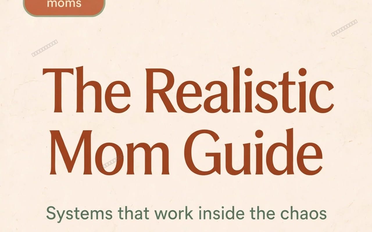 The Realistic Mom Guide book cover with title text and subtitle about systems that work inside chaos