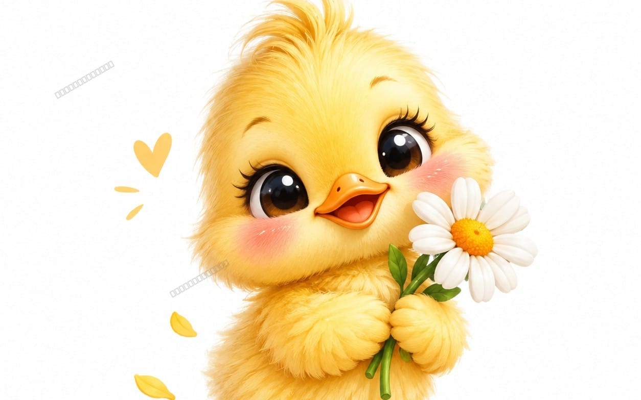 Cute yellow chick holding a white daisy in a spring themed digital artwork with soft hearts and petals