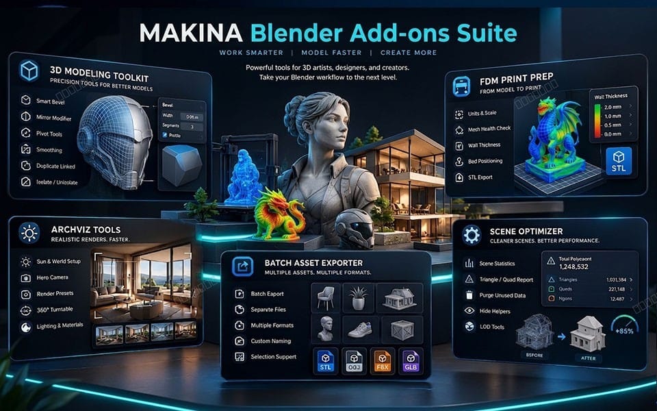 MAKINA Blender add-ons suite banner showing UI panels for 3D modeling, print prep, archviz, batch export, and scene