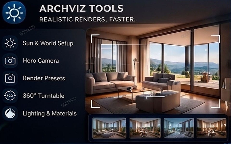 Promotional banner for Blender Archviz Tools add-on showing a modern living room render and feature icons