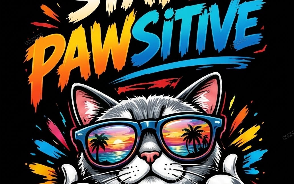 Cartoon gray cat wearing retro summer sunglasses on a bold graffiti style graphic T-shirt design
