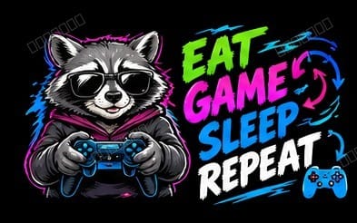 Gamer raccoon graphic T-shirt design with neon Eat Game Sleep Repeat text and a controller illustration on black