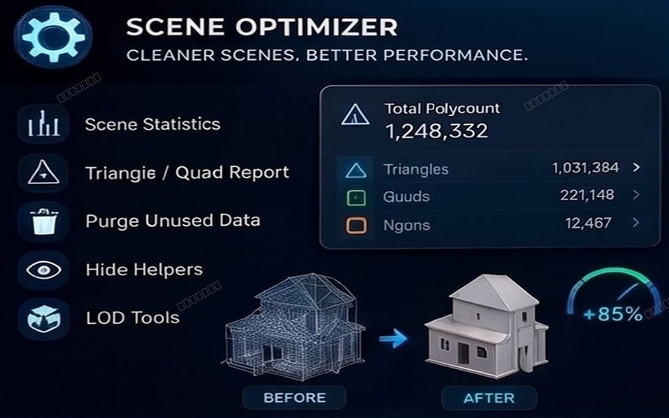 Blender scene optimizer add-on UI showing before and after 3D house models with polygon stats panel
