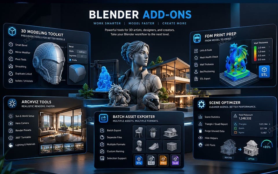 Promotional banner for the MAKINA Blender add-ons suite showing 3D modeling, export, print prep, and scene optimization