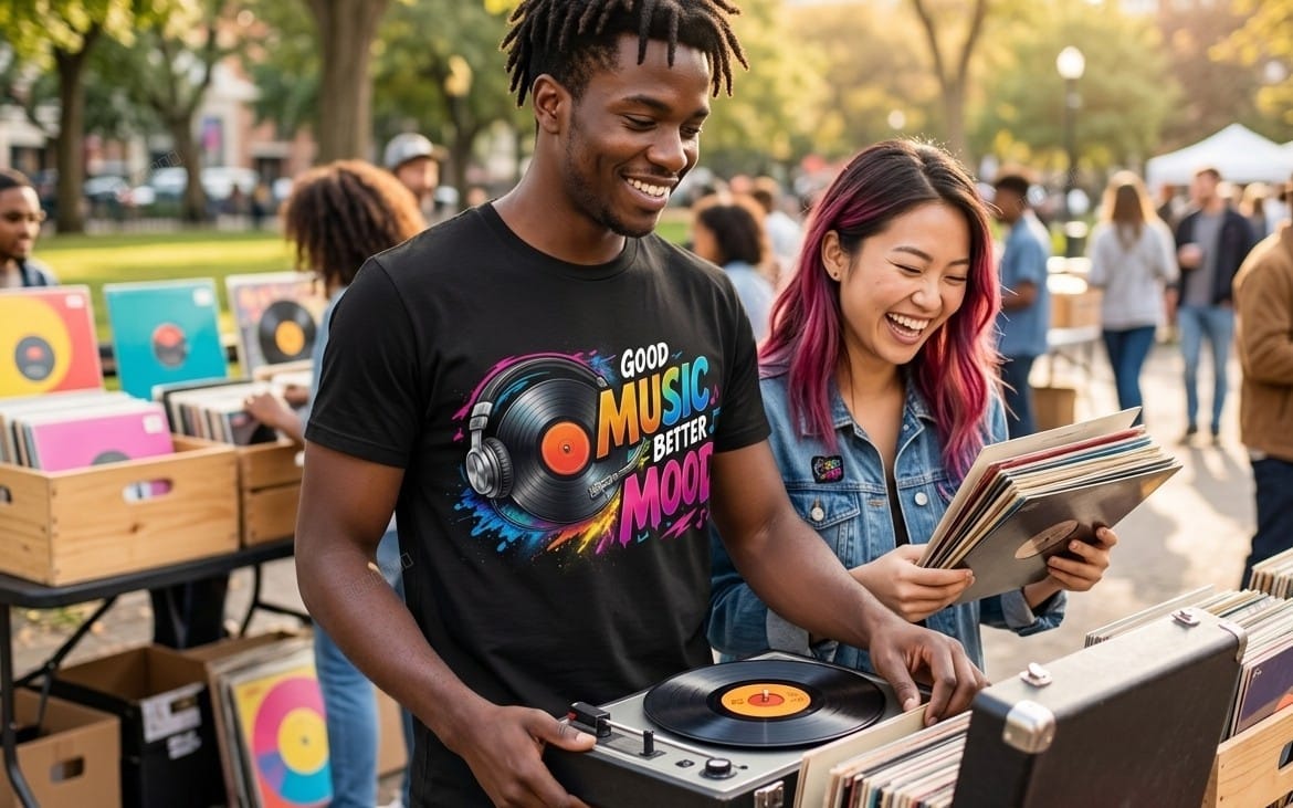 Black music graphic t-shirt showing colorful vinyl record and DJ headphones with text Good Music Better Mood