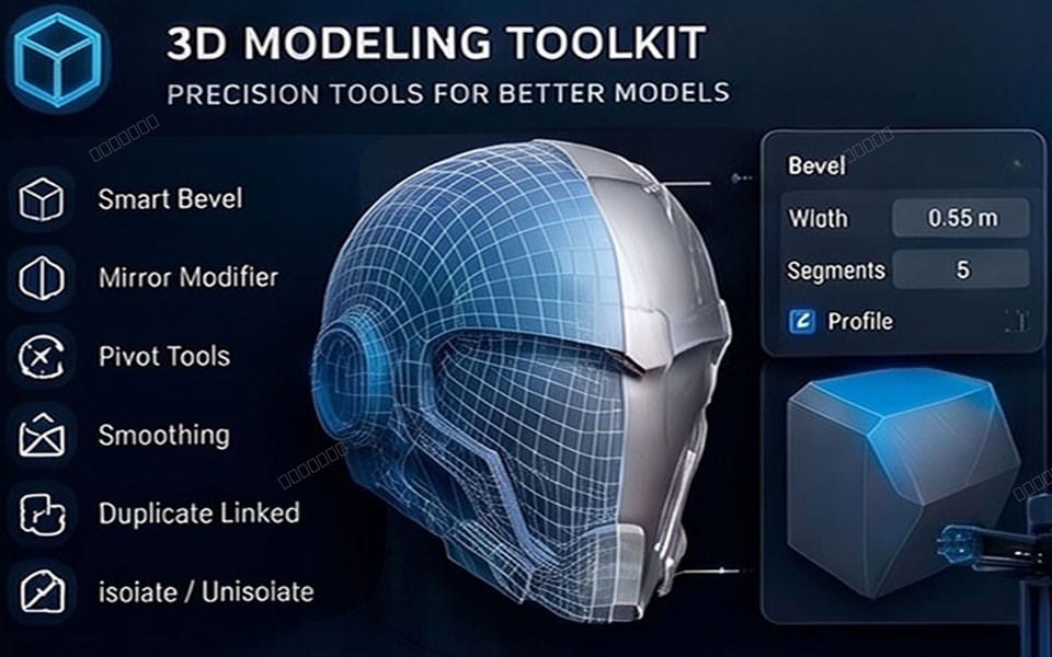 3D modeling toolkit banner showing a wireframe head model with UI panels for bevel, smoothing, and editing tools