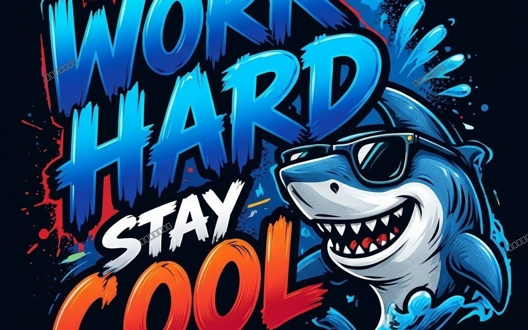 Black graphic t-shirt design featuring a shark wearing sunglasses with Work Hard Stay Cool text and colorful splashes