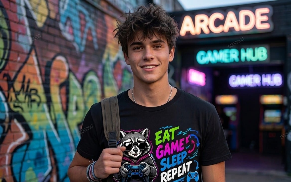 Gamer Raccoon "Eat Game Sleep Repeat" Graphic T-Shirt